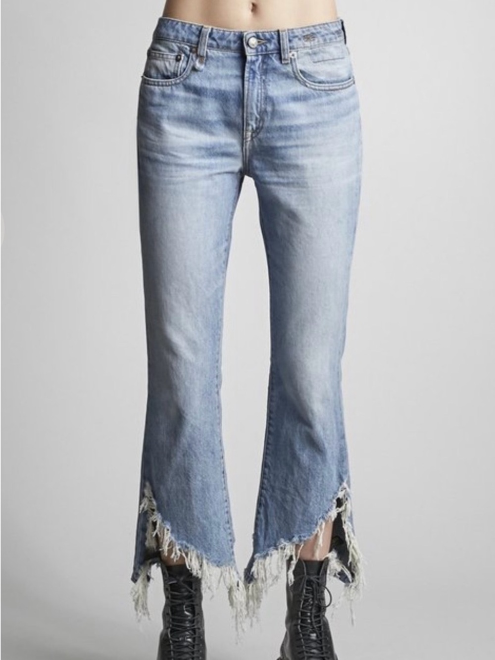 R13 Light Wash Frayed-Hem Cropped Wide-Leg Jeans